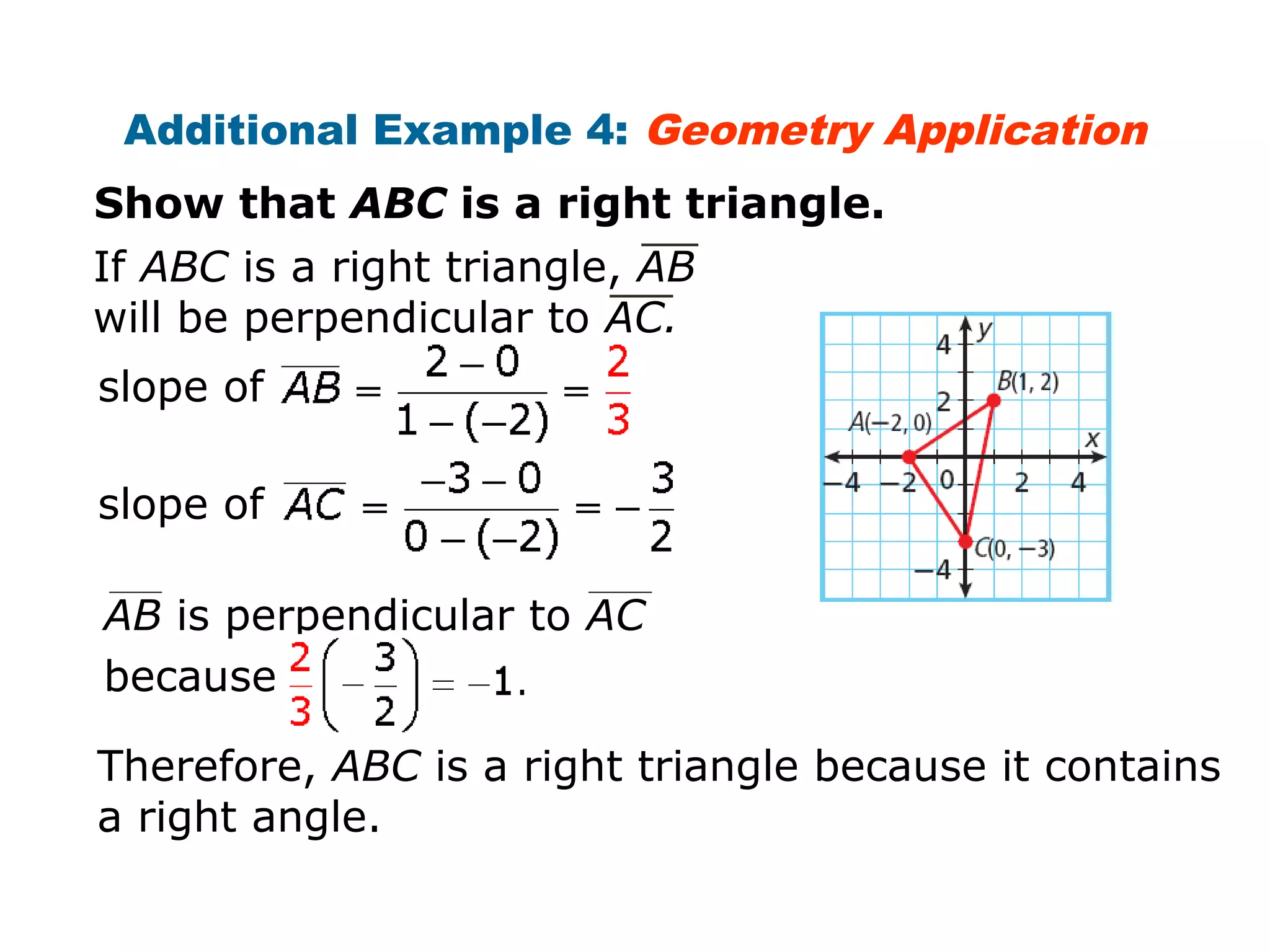 Additional Example 4: Geometry Application 
Show that ABC is a right triangle. 
If ABC is a right triangle, AB 
will be perpendicular to AC. 
slope of 
slope of 
AB is perpendicular to AC 
because 
Therefore, ABC is a right triangle because it contains 
a right angle. 
 