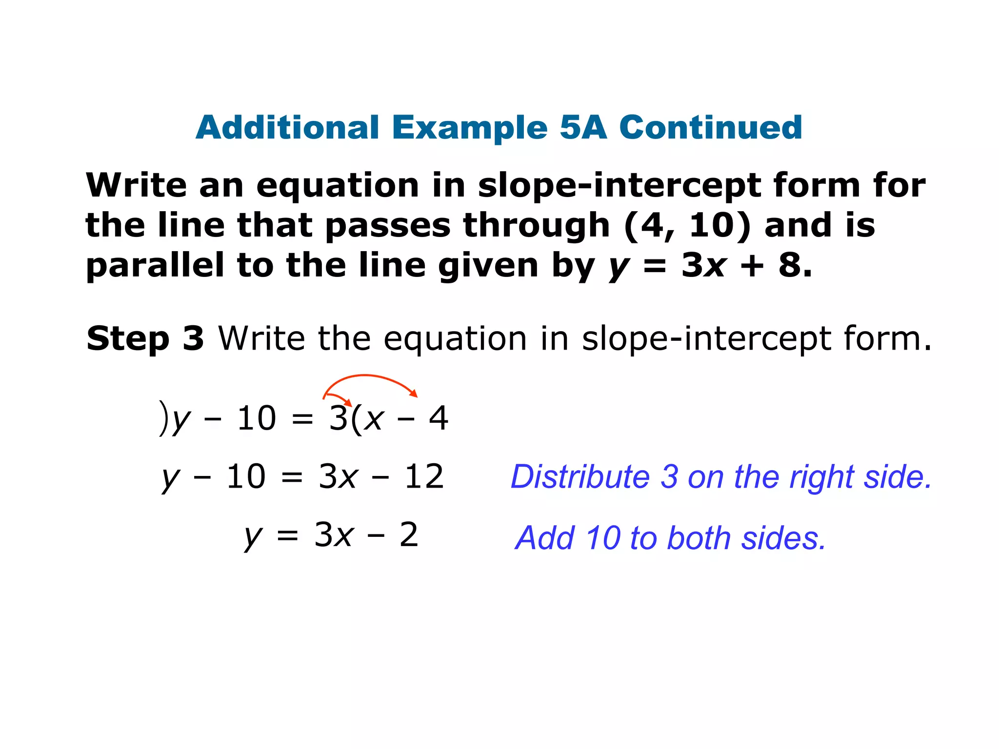 Additional Example 5A Continued 
Write an equation in slope-intercept form for 
the line that passes through (4, 10) and is 
parallel to the line given by y = 3x + 8. 
Step 3 Write the equation in slope-intercept form. 
(y – 10 = 3(x – 4 
y – 10 = 3x – 12 
y = 3x – 2 
Distribute 3 on the right side. 
Add 10 to both sides. 
 