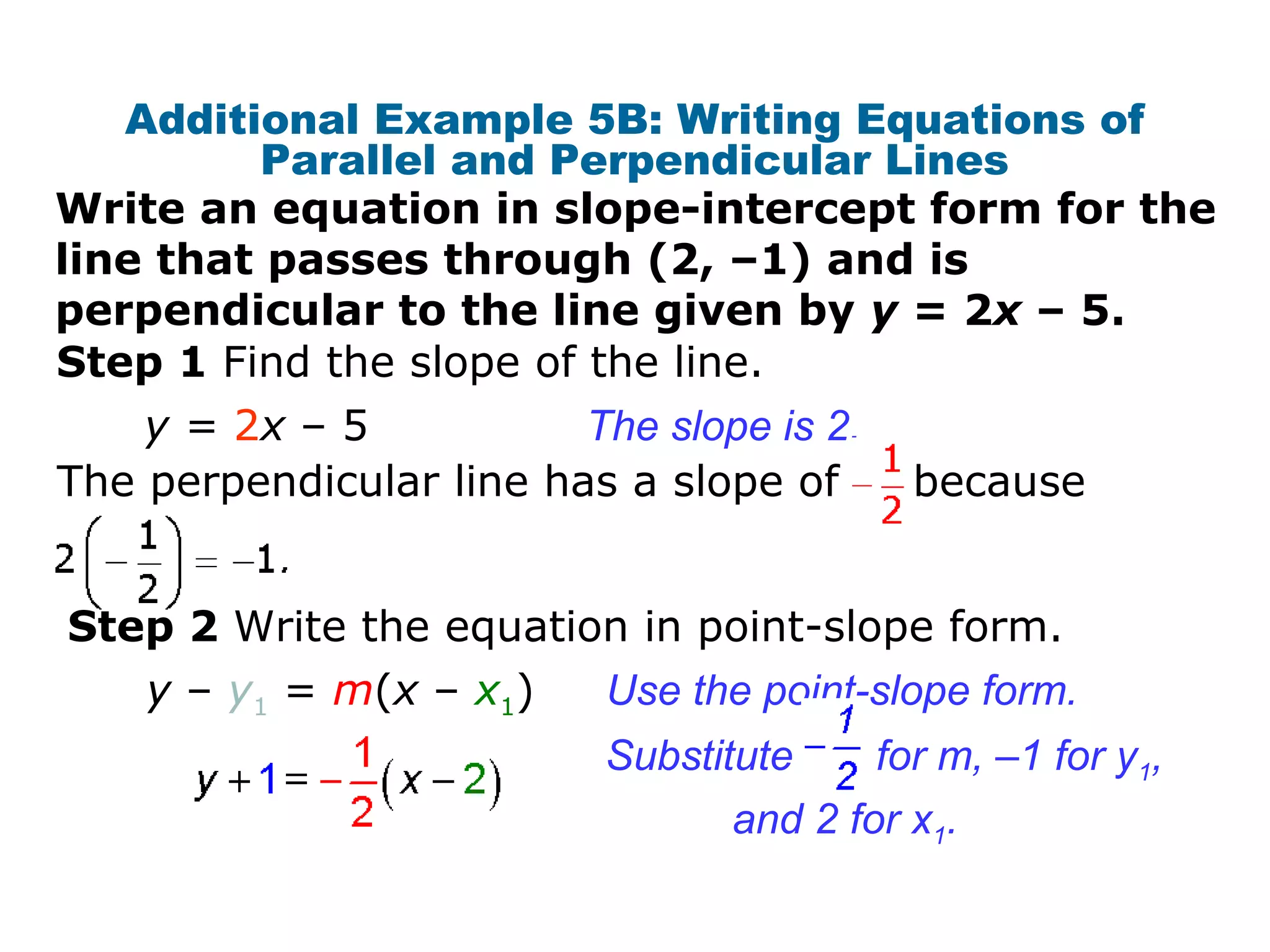 Additional Example 5B: Writing Equations of 
Parallel and Perpendicular Lines 
Write an equation in slope-intercept form for the 
line that passes through (2, –1) and is 
perpendicular to the line given by y = 2x – 5. 
Step 1 Find the slope of the line. 
y = 2x – 5 The slope is 2. 
The perpendicular line has a slope of because 
Step 2 Write the equation in point-slope form. 
Use y – y the point-slope form. 1 = m(x – x1) 
Substitute for m, –1 for y1, 
and 2 for x1. 
 