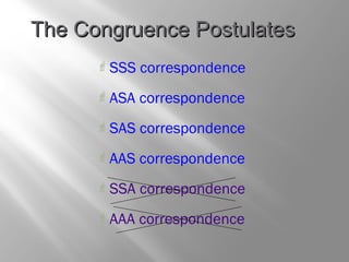 TThhee CCoonnggrruueennccee PPoossttuullaatteess 
SSS correspondence 
ASA correspondence 
SAS correspondence 
AAS correspondence 
SSA correspondence 
AAA correspondence 
 