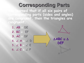 CCoorrrreessppoonnddiinngg PPaarrttss 
You learned that if all six pairs of 
corresponding parts (sides and angles) 
are congruent, then the triangles are 
congruent. 
B 
A C 
DABC @ D 
DEF 
E 
D F 
1. AB @ DE 
2. BC @ EF 
3. AC @ DF 
4. Ð A @ Ð D 
5. Ð B @ Ð E 
6. Ð C @ Ð F 
 