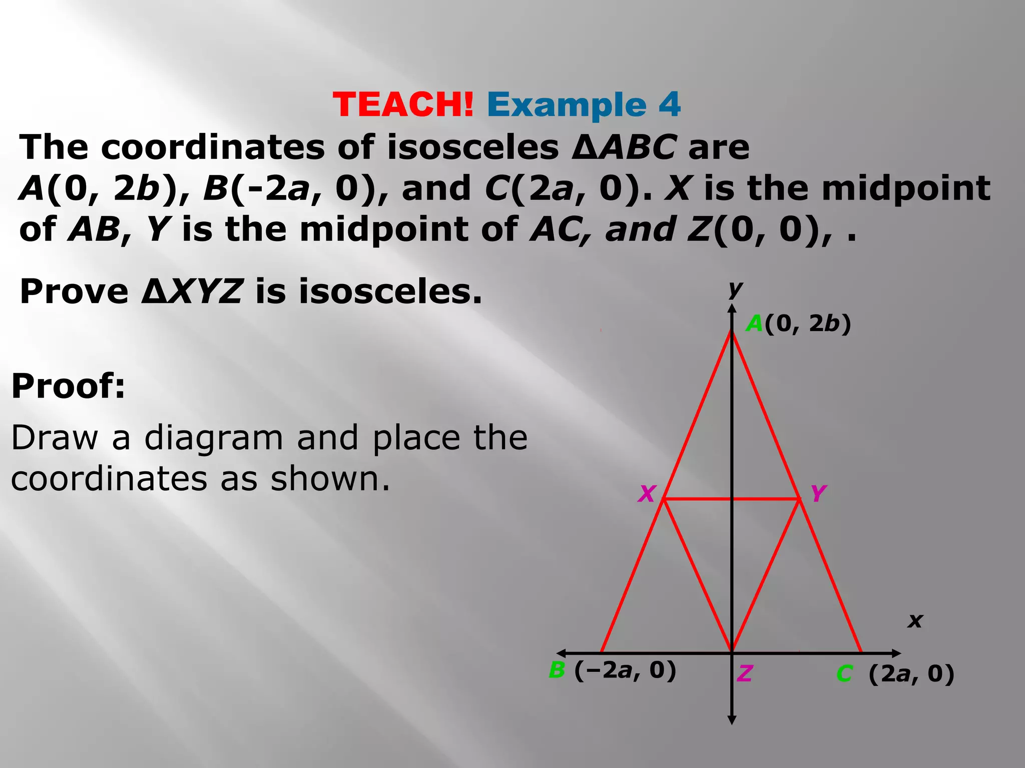 TEACH! Example 4 
The coordinates of isosceles ΔABC are 
A(0, 2b), B(-2a, 0), and C(2a, 0). X is the midpoint 
of AB, Y is the midpoint of AC, and Z(0, 0), . 
Prove ΔXYZ is isosceles. 
x 
A(0, 2b) 
y 
X Y 
B (–2a, 0) Z 
C (2a, 0) 
Proof: 
Draw a diagram and place the 
coordinates as shown. 
 