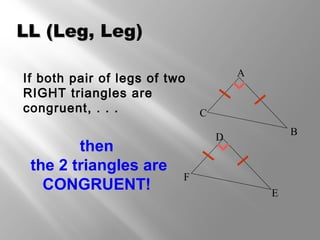 LL (Leg, Leg)LL (Leg, Leg)
If both pair of legs of two
RIGHT triangles are
congruent, . . .
then
the 2 triangles are
CONGRUENT!
A
C
B
F
E
D
 