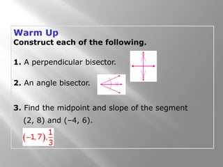 Warm Up 
Construct each of the following. 
1. A perpendicular bisector. 
2. An angle bisector. 
3. Find the midpoint and slope of the segment 
(2, 8) and (–4, 6). 
 