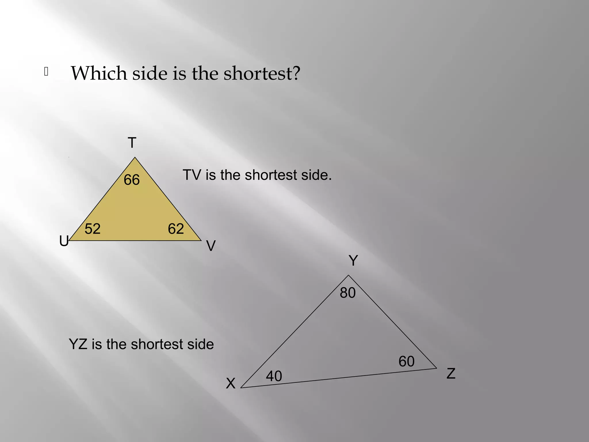  Which side is the shortest? 
66 
TV is the shortest side. 
52 62 
U 
T 
V 
40 
60 
X 
Y 
Z 
80 
YZ is the shortest side 
 