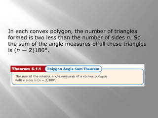 In each convex polygon, the number of triangles 
formed is two less than the number of sides n. So 
the sum of the angle measures of all these triangles 
is (n — 2)180°. 
 