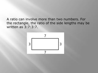 A ratio can involve more than two numbers. For 
the rectangle, the ratio of the side lengths may be 
written as 3:7:3:7. 
 