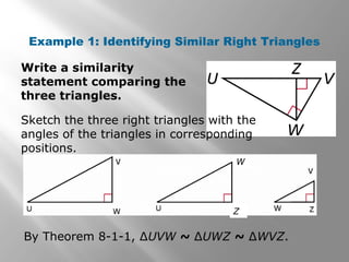Example 1: Identifying Similar Right Triangles 
Write a similarity 
statement comparing the 
three triangles. 
Sketch the three right triangles with the 
angles of the triangles in corresponding 
positions. 
W 
Z 
By Theorem 8-1-1, ΔUVW ~ ΔUWZ ~ ΔWVZ. 
 