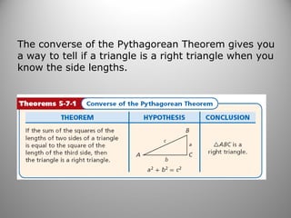 The converse of the Pythagorean Theorem gives you 
a way to tell if a triangle is a right triangle when you 
know the side lengths. 
 