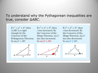 To understand why the Pythagorean inequalities are 
true, consider ΔABC. 
 
