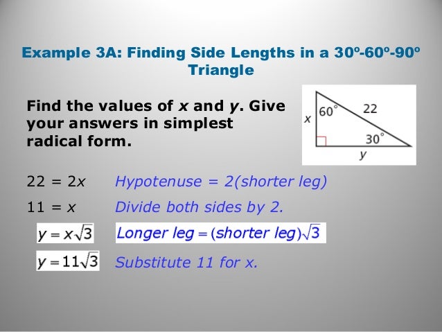 geometry unit 8 2 find the length of the missing side leave your answer in simplest radical form