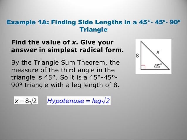 geometry unit 8 2 find the length of the missing side leave your answer in simplest radical form