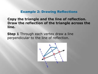 Example 2: Drawing Reflections 
Copy the triangle and the line of reflection. 
Draw the reflection of the triangle across the 
line. 
Step 1 Through each vertex draw a line 
perpendicular to the line of reflection. 
 