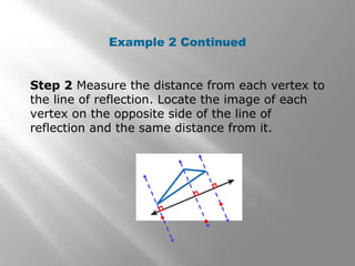 Example 2 Continued 
Step 2 Measure the distance from each vertex to 
the line of reflection. Locate the image of each 
vertex on the opposite side of the line of 
reflection and the same distance from it. 
 