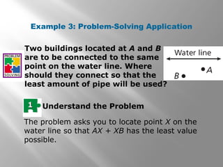 Example 3: Problem-Solving Application 
Two buildings located at A and B 
are to be connected to the same 
point on the water line. Where 
should they connect so that the 
least amount of pipe will be used? 
11 Understand the Problem 
The problem asks you to locate point X on the 
water line so that AX + XB has the least value 
possible. 
 