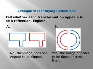 Example 1: Identifying Reflections 
Tell whether each transformation appears to 
be a reflection. Explain. 
A. B. 
No; the image does not 
Appear to be flipped. 
Yes; the image appears 
to be flipped across a 
line.. 
 