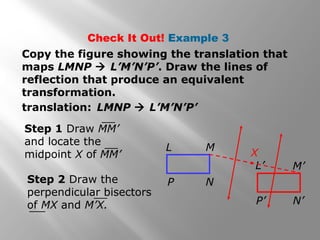 Check It Out! Example 3 
Copy the figure showing the translation that 
maps LMNP  L’M’N’P’. Draw the lines of 
reflection that produce an equivalent 
transformation. 
translation: LMNP  L’M’N’P’ 
Step 1 Draw MM’ 
and locate the 
L M 
midpoint X of MM’ X 
P N 
L’ M’ 
P’ N’ 
 
Step 2 Draw the 
perpendicular bisectors 
of MX and M’X. 
 