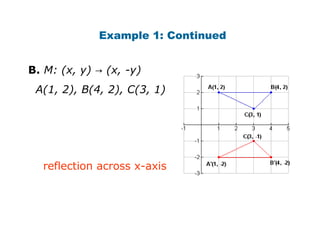 Example 1: Continued 
B. M: (x, y) → (x, -y) 
A(1, 2), B(4, 2), C(3, 1) 
reflection across x-axis 
 