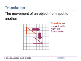 2/24/20132/24/20132/24/20132/24/20132/24/2013
Translation
The movement of an object from spot to
another
Image created by K. Wilhite
 