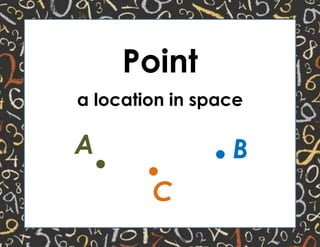 Point
a location in space
. .A B
.C
 