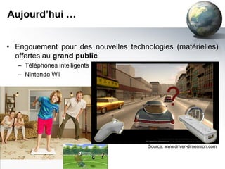 Aujourd’hui …


• Engouement pour des nouvelles technologies (matérielles)
  offertes au grand public
   – Téléphones intelligents
   – Nintendo Wii




                                      Source: www.driver-dimension.com
 