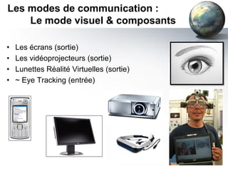 Les modes de communication :
    Le mode visuel & composants

•   Les écrans (sortie)
•   Les vidéoprojecteurs (sortie)
•   Lunettes Réalité Virtuelles (sortie)
•   ~ Eye Tracking (entrée)
 
