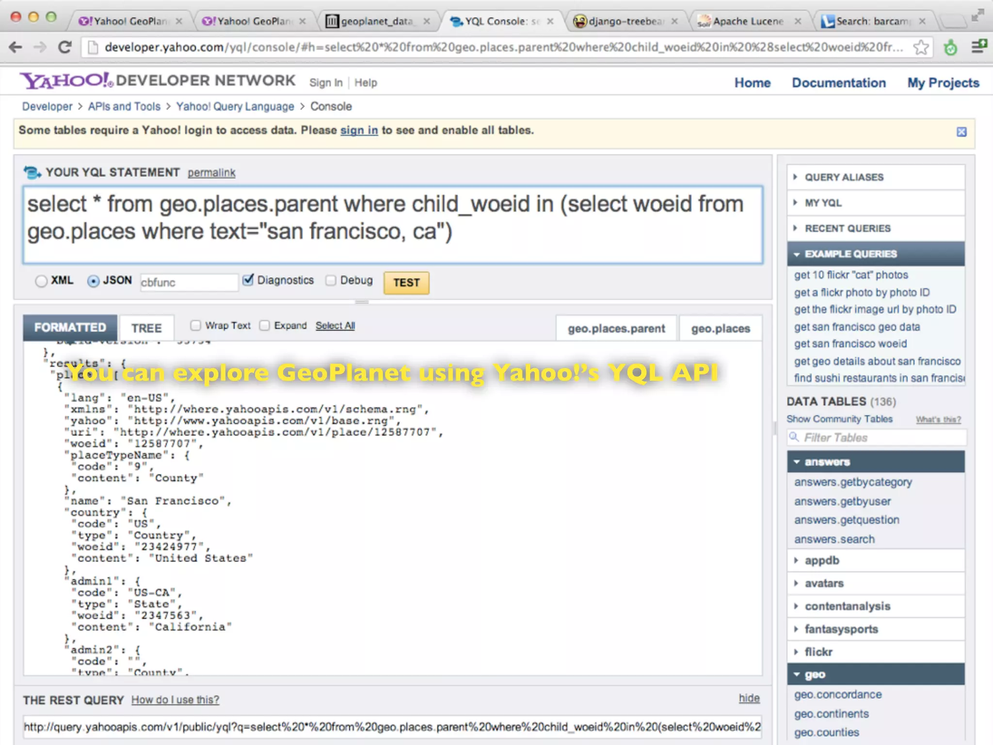 You can explore GeoPlanet using Yahoo!’s YQL API