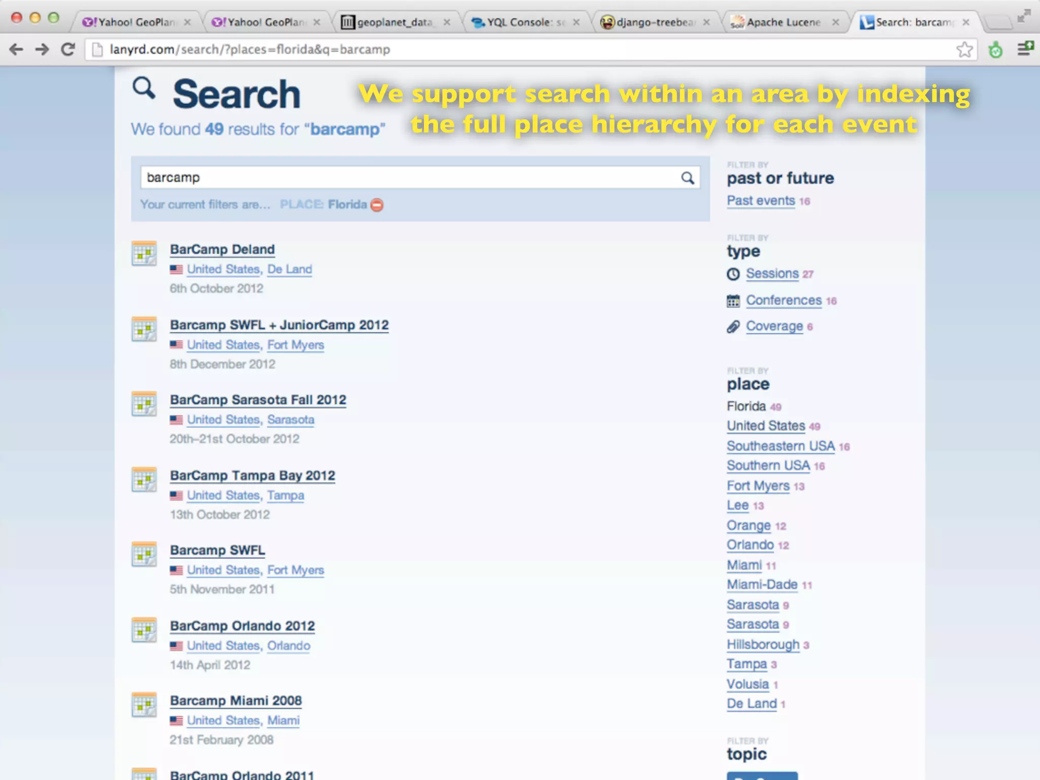 We support search within an area by indexing
the full place hierarchy for each event