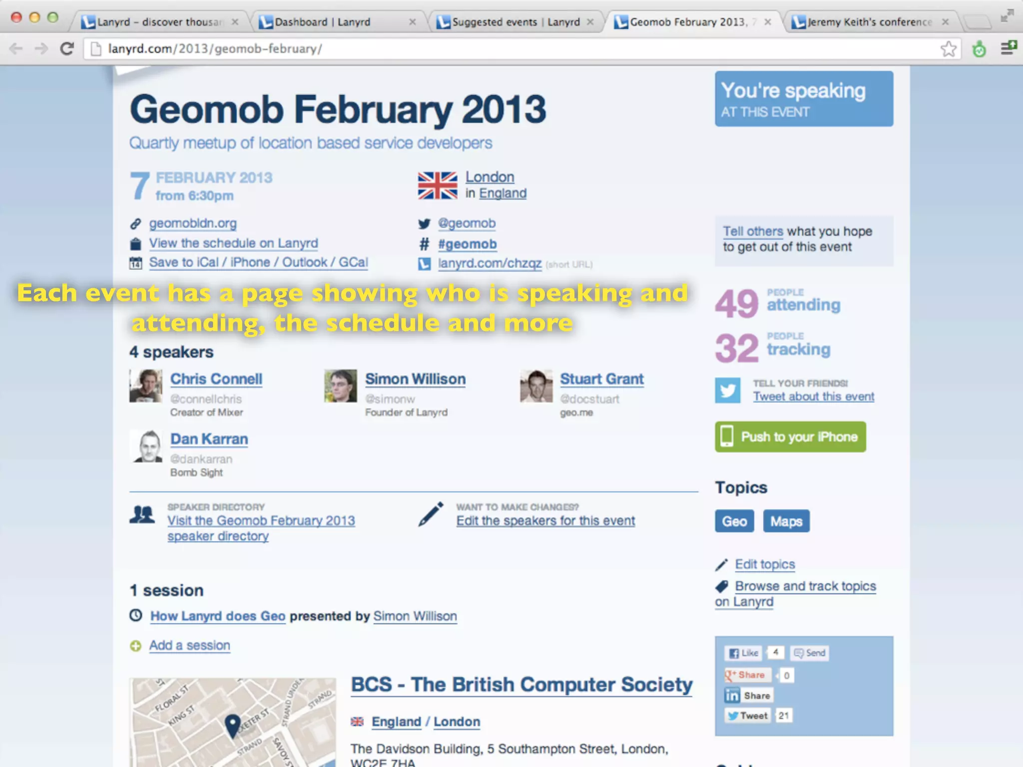 Each event has a page showing who is speaking and
attending, the schedule and more
