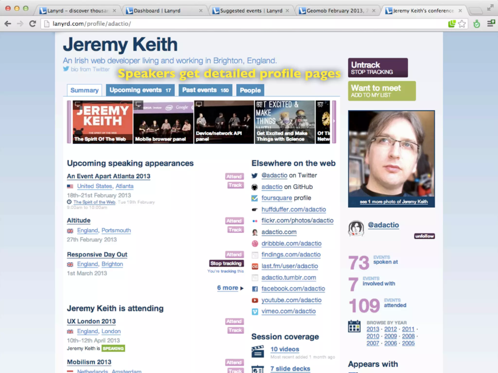 Speakers get detailed profile pages