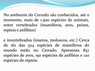 No ambiente do Cerrado são conhecidos, até o
momento, mais de 1.500 espécies de animais,
entre vertebrados (mamíferos, aves, peixes,
repteis e anfíbios)
e invertebrados (insetos, moluscos, etc.) Cerca
de 161 das 524 espécies de mamíferos do
mundo estão no Cerrado. Apresenta 837
espécies de aves, 150 espécies de anfíbios e 120
espécies de répteis.
 