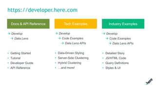 https://developer.here.com
Docs & API Reference Tech Examples Industry Examples
 Develop
 Code Examples
 Data Lens APIs...