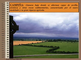 CAMPIÑA :  Llanura baja donde se alternan capas de arcilla, arenisca y otras rocas sedimentarias, caracterizada por el suave modelado y su gran riqueza agrícola.  www.iescasasviejas.net 