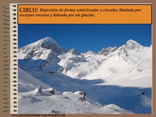 CIRCO :  Depresión de forma semicircular o circular, limitada por escarpes rocosos y labrada por un glaciar. www.pateandomundo-txipi.blogspot.com 