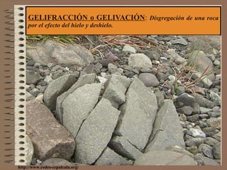 GELIFRACCIÓN o GELIVACIÓN :  Disgregación de una roca por el efecto del hielo y deshielo. http://www.redes-cepalcala.org/ 