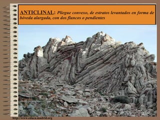 ANTICLINAL :  Pliegue convexo, de estratos levantados en forma de bóveda alargada, con dos flancos o pendientes http://www.educa.madrid.org 