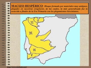 MACIZO HESPÉRICO :  Bloque formado por materiales muy antiguos, plegados en sucesivas orogénesis, de las cuales, la más generalizada fue la acaecida a finales de la Era Primaria con los plegamientos hercinianos. http://www.telefonica.net/ 