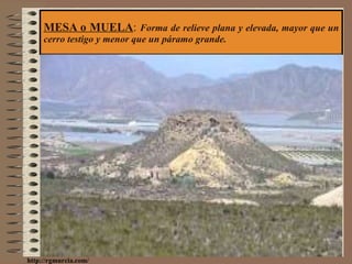 MESA o MUELA :  Forma de relieve plana y elevada, mayor que un cerro testigo y menor que un páramo grande. http://rgmurcia.com/ 