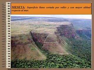 MESETA :  Superficie llana cortada por valles y con mayor altitud respecto al mar. http://www.proyectosfindecarrera.com/ 