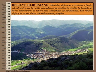 RELIEVE HERCINIANO :   Montañas viejas que se gestaron a finales del paleozoico que hoy están arrasadas por la erosión. La erosión ha borrado las líneas estructurales de relieve para convertirlos en penillanuras. Son relieves viejos y de escasa altura, con valles suaves y amplios. http://petalolimon.blogia.com/ 