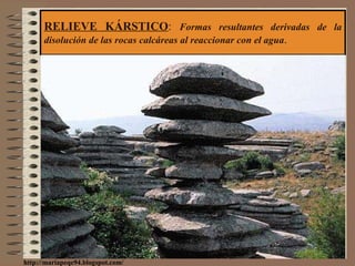 RELIEVE KÁRSTICO :  Formas resultantes derivadas de la disolución de las rocas calcáreas al reaccionar con el agua . http://mariapeqe94.blogspot.com/ 