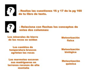 - Realiza las cuestiones 16 y 17 de la pg 160
        de tu libro de texto.



        - Relaciona con flechas los conceptos de
        estas dos columnas:

Los minerales de hierro               Meteorización
 de las rocas se oxidan                  física

    Los cambios de
 temperatura bruscos                  Meteorización
   agrietan las rocas                   biológica


 Las marmotas excavan
                                      Meteorización
   sus madrigueras en
                                        química
terrenos rocosos de alta
        montaña
 
