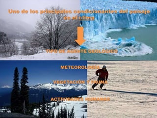 Uno de los principales condicionantes del paisaje
                   es el clima




            TIPO DE AGENTE GEOLÓGICO


                  METEOROLOGÍA


               VEGETACIÓN Y FAUNA


              ACTIVIDADES HUMANAS
 