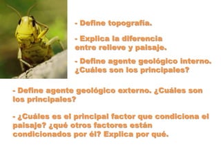 - Define topografía.

               - Explica la diferencia
               entre relieve y paisaje.
               - Define agente geológico interno.
               ¿Cuáles son los principales?

- Define agente geológico externo. ¿Cuáles son
los principales?

- ¿Cuáles es el principal factor que condiciona el
paisaje? ¿qué otros factores están
condicionados por él? Explica por qué.
 