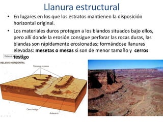 Llanura estructural 
• En lugares en los que los estratos mantienen la disposición 
horizontal original. 
• Los materiales duros protegen a los blandos situados bajo ellos, 
pero allí donde la erosión consigue perforar las rocas duras, las 
blandas son rápidamente erosionadas; formándose llanuras 
elevadas: mesetas o mesas si son de menor tamaño y cerros 
testigo 
 