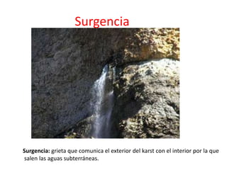 Surgencia 
Surgencia: grieta que comunica el exterior del karst con el interior por la que 
salen las aguas subterráneas. 
 