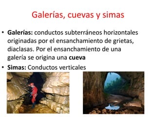 Galerías, cuevas y simas 
• Galerías: conductos subterráneos horizontales 
originadas por el ensanchamiento de grietas, 
diaclasas. Por el ensanchamiento de una 
galería se origina una cueva 
• Simas: Conductos verticales 
 