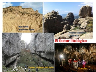 Bad-lands 
Bárdenas reales 
Piedras caballeras 
La Pedriza 
El factor litológico 
Cañón. Collados del Asón El soplao 
 