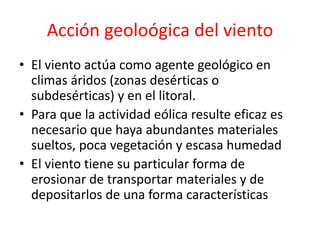 Acción geoloógica del viento 
• El viento actúa como agente geológico en 
climas áridos (zonas desérticas o 
subdesérticas) y en el litoral. 
• Para que la actividad eólica resulte eficaz es 
necesario que haya abundantes materiales 
sueltos, poca vegetación y escasa humedad 
• El viento tiene su particular forma de 
erosionar de transportar materiales y de 
depositarlos de una forma características 
 
