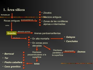formada por
se encuentran en…?
• Zócalos
• Macizos antiguos
• Zonas de las cordilleras
alpinas e intermediascomo
Rocas antiguas
alteración química
Arenas pardoamarillentas
diaclasas • En alta montaña
• En zonas poco
elevadas
• Galayos
• Canchales
descamaciónDiaclasas
paralelas a
la superficie
DomosDiaclasas
perpendiculares a la
superficie
bolas
• Berrocal
• Tor
• Piedra caballera
• Caos granítico
1. Área silícea1. Área silícea
GranitoGranito
 
